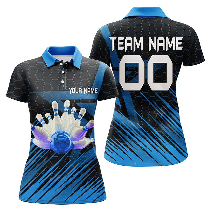 Custom Blue bowling shirt for women – personalized team jersey front view