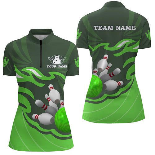 Womens bowling Quarter Zip shirt Custom bowling ball pins team league jersey, bowling gift | Green NQS6300