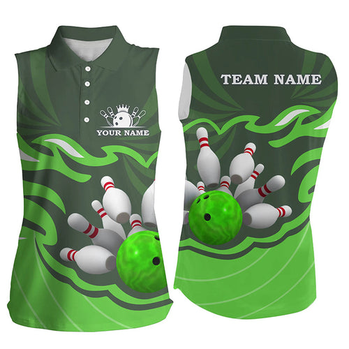 Women sleeveless polo shirts Custom bowling ball pins team league jersey, personalized gifts | Green NQS6300