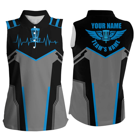 Black Womens sleeveless polo shirts custom disc golf heartbeat shirt women, disco golf outfit | Blue NQS6303