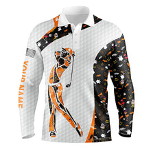 Load image into Gallery viewer, Personalized black Halloween pattern white mens golf polo shirts custom Halloween golf gift NQS6304