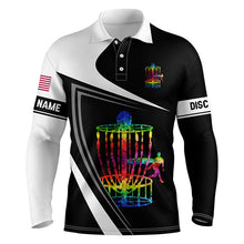 Load image into Gallery viewer, Mens disc golf polo shirt custom name watercolor disc golf basket, black and white disc golf shirts NQS4483