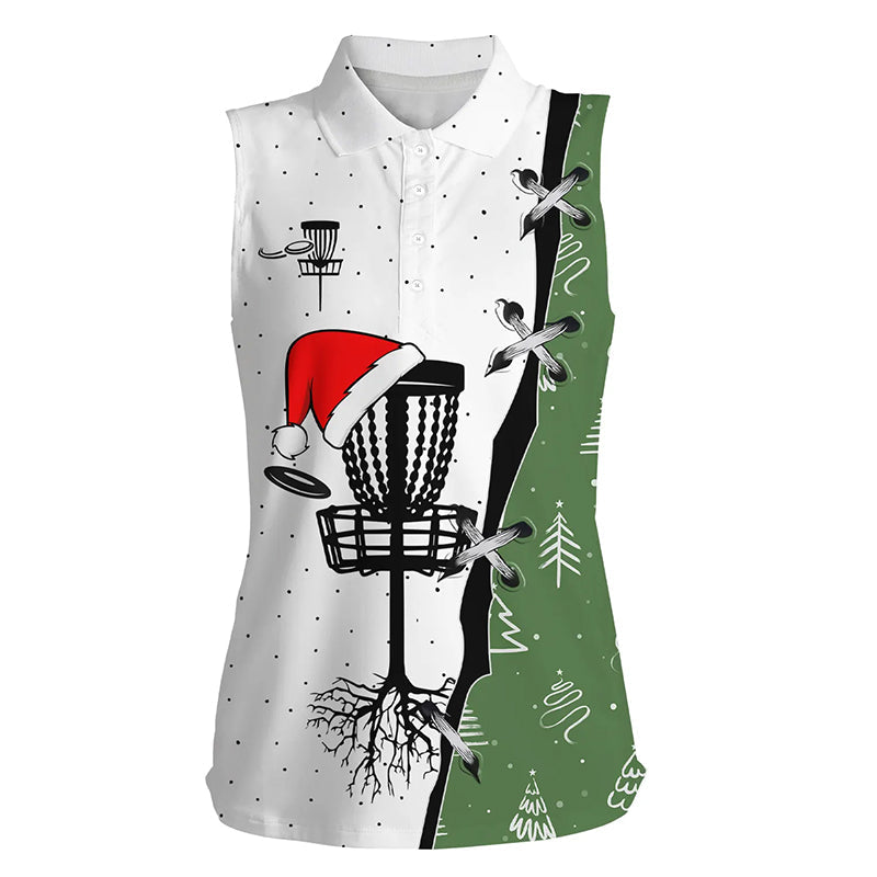 Womens sleeveless disc golf polo shirt Christmas pattern disc golf hole Christmas disc golf team shirt NQS6781