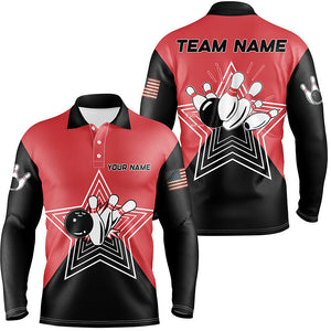 Red and Black retro bowling ball pins star custom Mens polo bowling shirt team league jerseys NQS6787