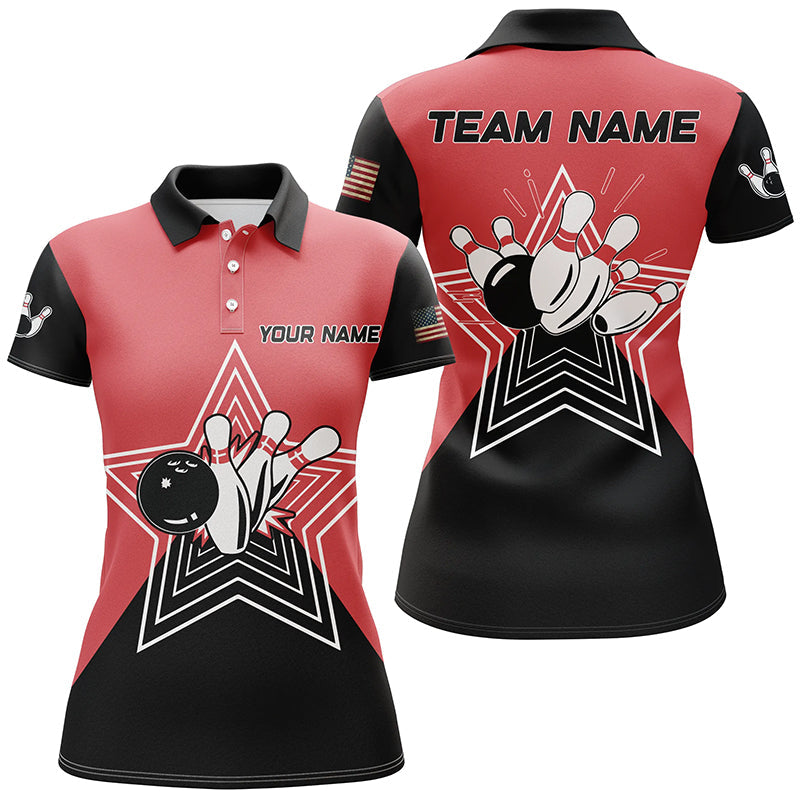 Red and Black retro bowling ball pins star custom Women bowling polo shirt team league jerseys NQS6787