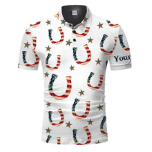 Load image into Gallery viewer, American flag patriotic horse tattoo Custom name Equestrian Horse Riding Casual horse Polo Shirt, gift for horse lovers NQS2282