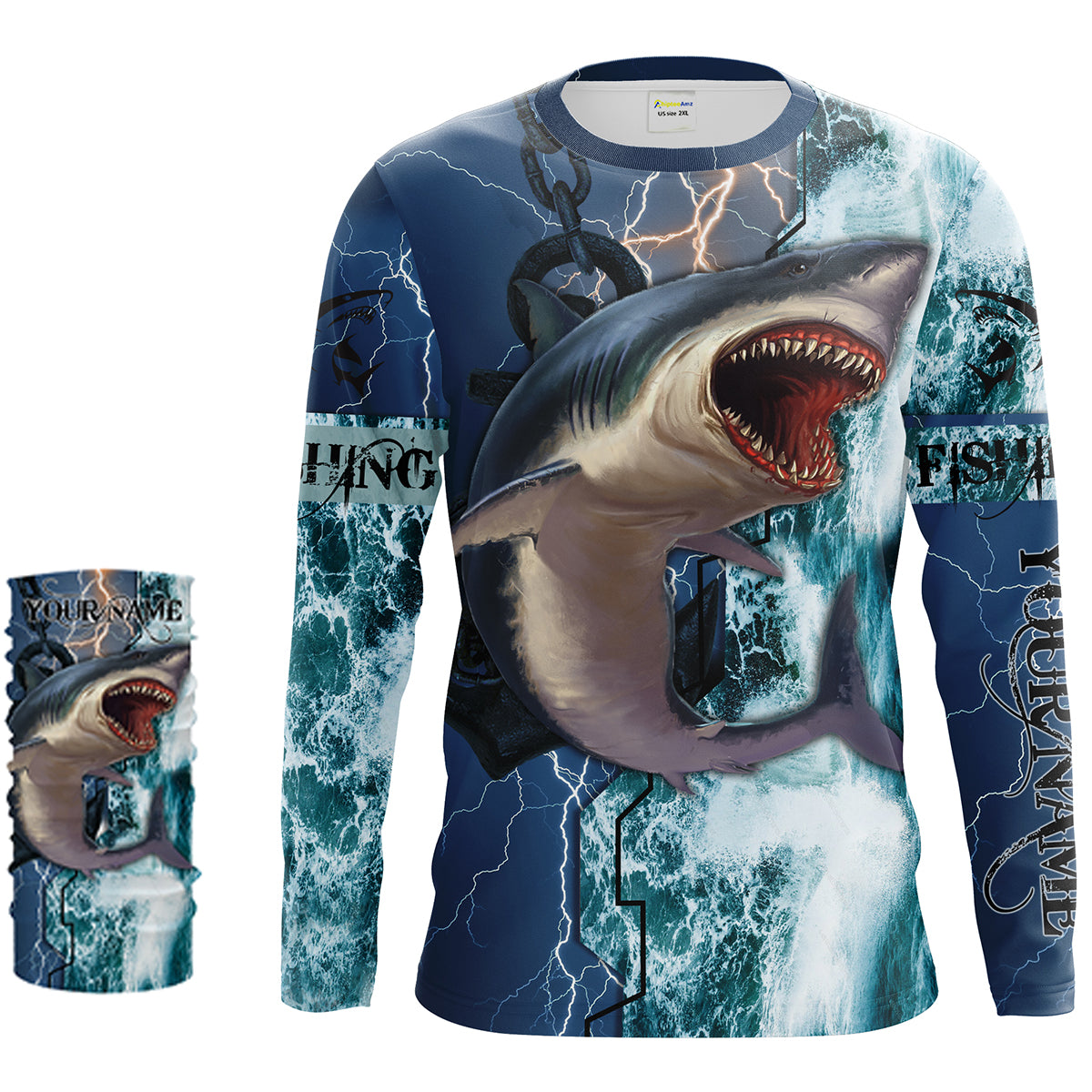 Shark Fishing ocean blue camo fishing Customize Name UV protection UPF 30+ long sleeves fishing shirts NQS2020