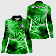 Load image into Gallery viewer, Womens polo bowling shirts Custom green lightning thunder Bowling Team Jersey, gift for team Bowlers NQS7143