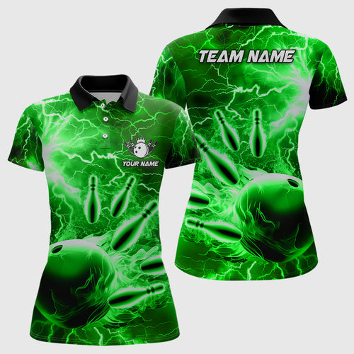 Womens polo bowling shirts Custom green lightning thunder Bowling Team Jersey, gift for team Bowlers NQS7143