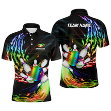 Load image into Gallery viewer, Mens polo bowling shirts Custom Rainbow flame Bowling ball and pins Team league bowler Jersey NQS6807