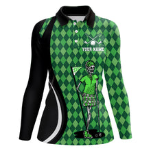 Load image into Gallery viewer, Women golf polo shirts custom black green argyle pattern golf skull golf tops for ladies, golf gifts NQS7010
