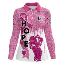 Load image into Gallery viewer, Pink glitter Womens golf polo shirt custom pink ribbon breast cancer awareness golf shirt for ladies NQS6556