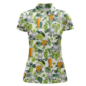 Funny Golf beer green tropical pattern custom Womens golf polo shirt, golf tops for ladies golf gifts NQS6828