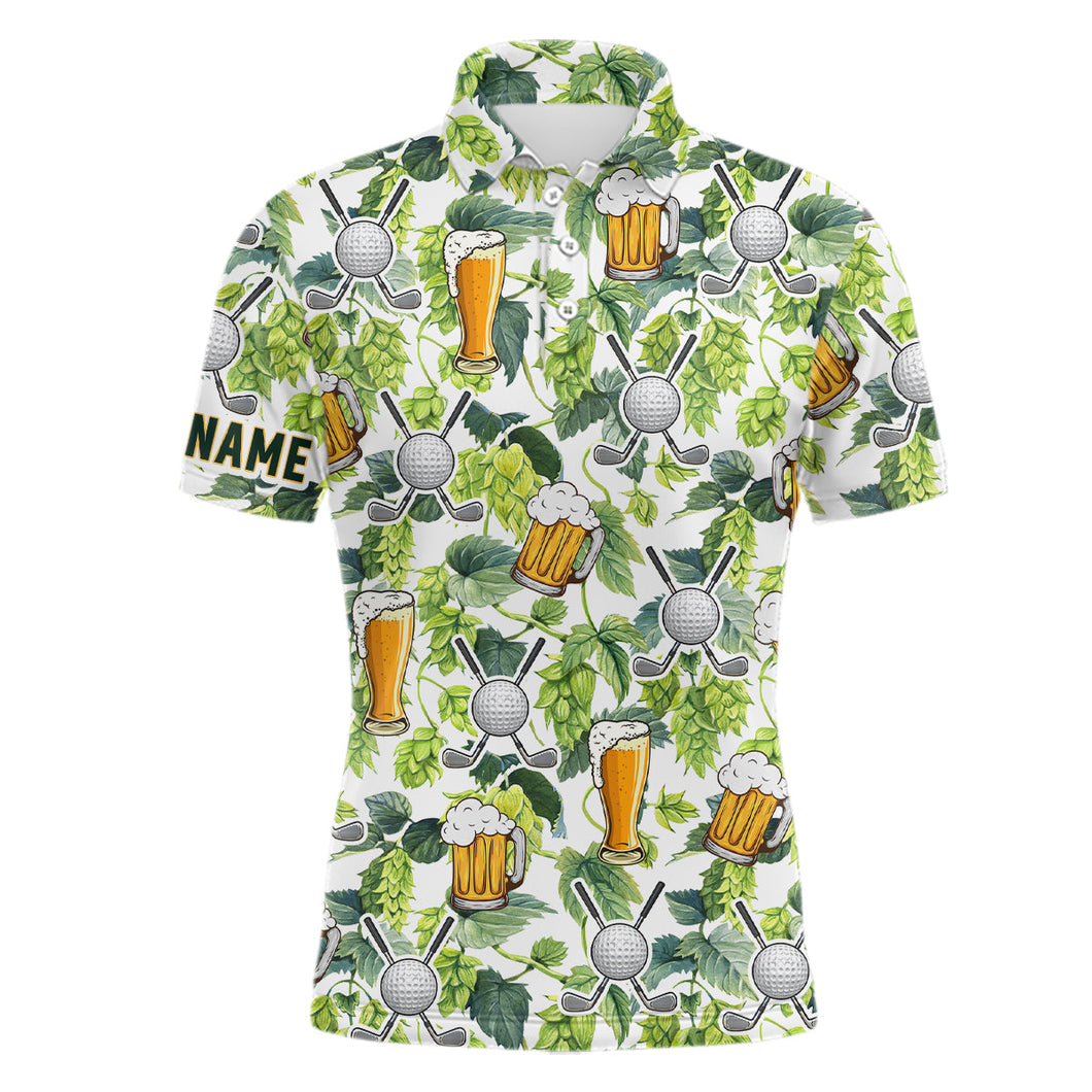 Funny Golf beer green tropical pattern custom mens golf polo shirt, golf tops for men golfing gifts NQS6828