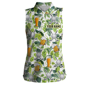 Funny Golf beer green tropical pattern custom Womens sleeveless polo shirt, golf tops for ladies NQS6828