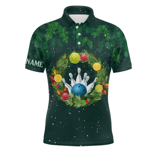 Green Christmas Wreath Men Bowling Polo Shirt custom green pattern Christmas bowling tops NQS6856