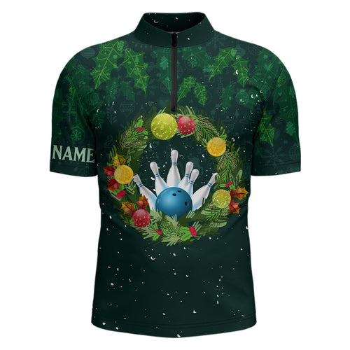 Green Christmas Wreath Men Bowling Quarter-Zip Shirt custom green pattern Christmas bowling tops NQS6856