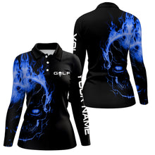 Load image into Gallery viewer, Blue fire skull black golf shirts custom Women golf polo shirt, ladies golf tees NQS6387