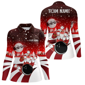 Womens Bowling Polo Shirts Custom Christmas Santa Bowling ball pins team Ladies Jersey | Red NQS6666