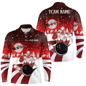 Mens Bowling Polo Shirts Custom Christmas Santa Bowling ball pins team Men's Jersey | Red NQS6666