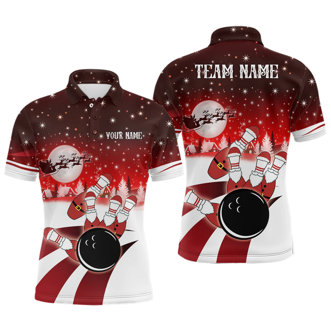 Mens Bowling Polo Shirts Custom Christmas Santa Bowling ball pins team Men's Jersey | Red NQS6666