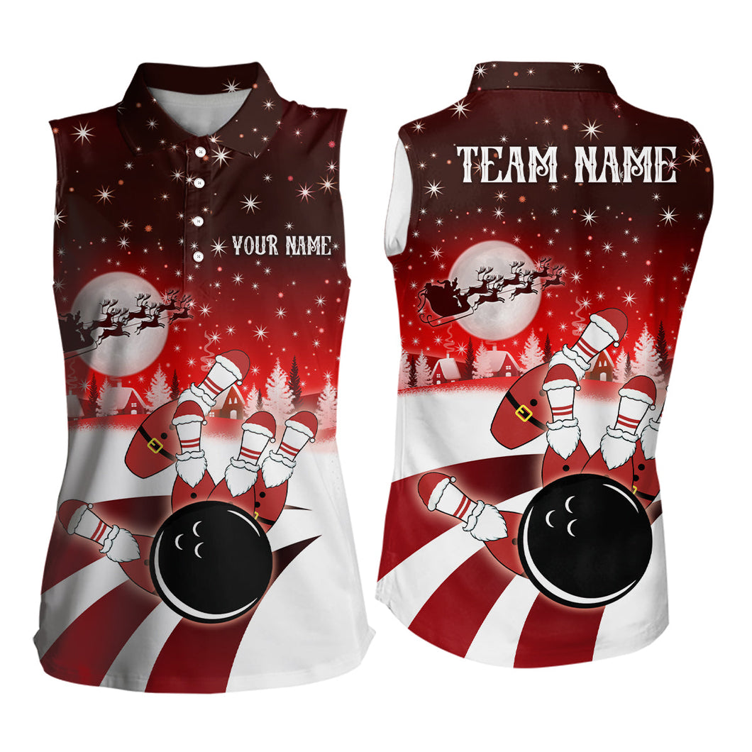 Womens Bowling sleeveless Polo Shirts Custom Christmas Santa Bowling ball pins team ladies Jersey| Red NQS6666