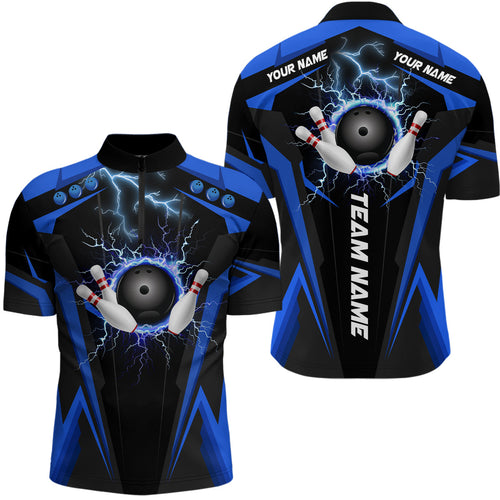 Black Mens bowling Quarter Zip shirt Custom lightning thunder team league bowling jerseys | Blue NQS6676