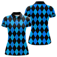 Load image into Gallery viewer, Womens golf polo shirts custom blue and black argyle plaid pattern golf attire for ladies NQS7185