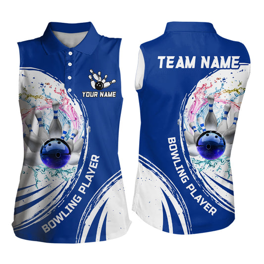 Women sleeveless Polos Custom water bowling ball pins Bowling Team Jersey, gift for Bowlers | Blue NQS7194