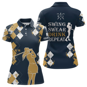 Yellow agryle pattern Womens golf polo shirts custom swing swear drink repeat vintage ladies golf|Navy NQS6910