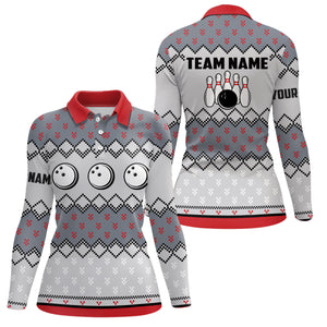 Womens Bowling Polo Shirts Custom ugly Christmas pattern Bowling ball pins team Ladies Jersey NQS6727