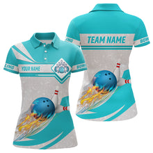 Load image into Gallery viewer, Cyan blue Bowling Polo Shirts For Women Custom camo flame bowling ball pins Team League Jerseys NQS6733