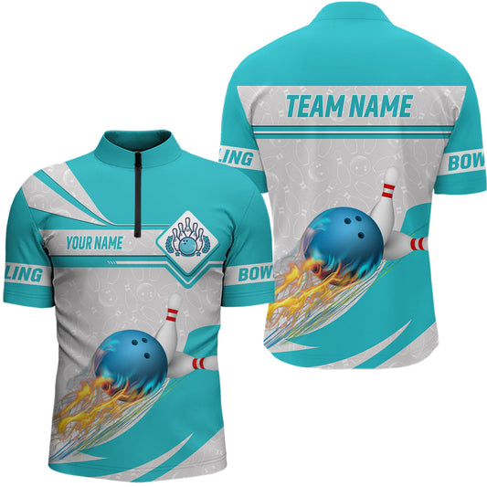Cyan blue Bowling Quarter Zip Shirt For Men Custom camo flame bowling ball pins Team League Jerseys NQS6733