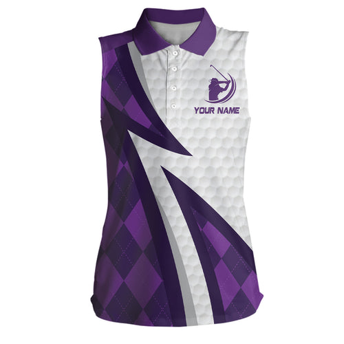 Womens sleeveless polo shirts custom name purple argyle pattern white golf ball skin womens golf wears NQS6931