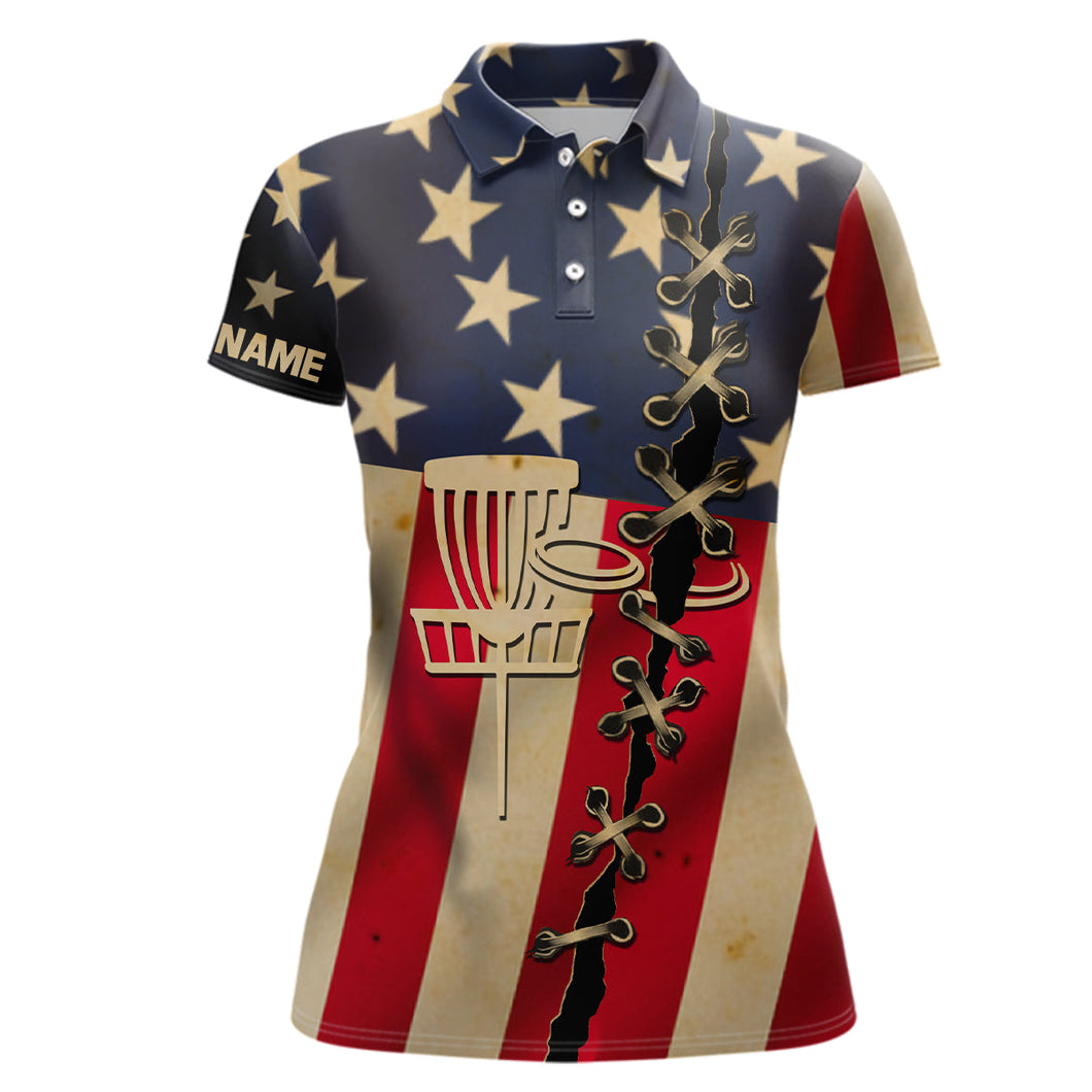 Vintage American flag Womens disc golf polo shirt custom patriotic frisbee golf shirt NQS6767