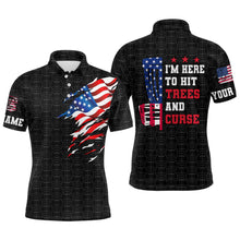 Load image into Gallery viewer, American flag Mens disc golf polo shirt custom black disc golf pattern i&#39;m here to hit trees and curse NQS6288