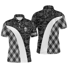 Load image into Gallery viewer, Black and white Mens golf polo shirt custom skull argyle plaid pattern golf shirts for men, golf gifts NQS6518