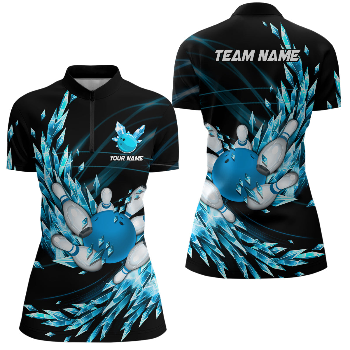 Womens bowling Quarter Zip shirt Custom blue icy fragments Bowling ball pins Team league bowler Jersey NQS7124