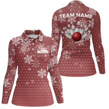 Load image into Gallery viewer, Womens Bowling Polo Shirts Custom Christmas snowflake Bowling ball pins team Ladies Jersey | Red NQS6616