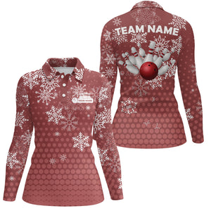 Womens Bowling Polo Shirts Custom Christmas snowflake Bowling ball pins team Ladies Jersey | Red NQS6616