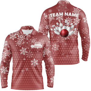 Mens Bowling Polo Shirts Custom Christmas snowflake Bowling ball pins team Ladies Jersey | Red NQS6616