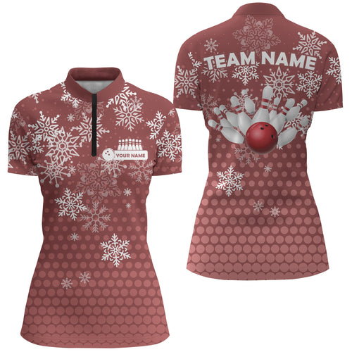 Womens Bowling Quarter-Zip Shirt Custom Christmas snowflake Bowling ball pins team Ladies Jersey | Red NQS6616