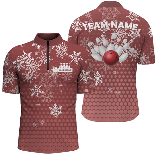 Mens Bowling Quarter-Zip Shirts Custom Christmas snowflake Bowling ball pins team Ladies Jersey | Red NQS6616