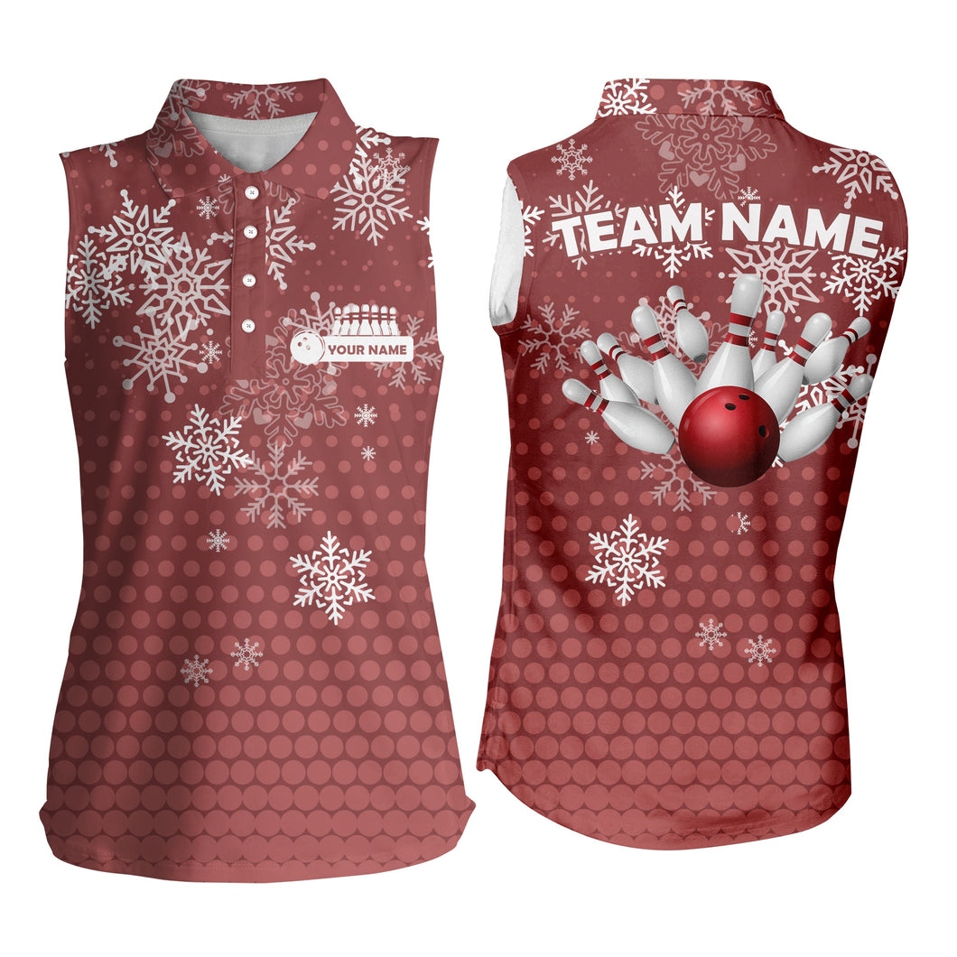 Womens sleeveless Polo Shirts Custom Christmas snowflake Bowling ball pins team Ladies Jersey | Red NQS6616