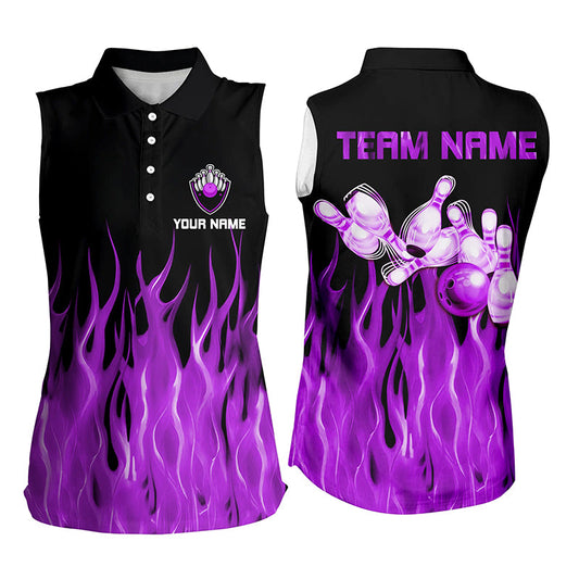Personalized Women sleeveless polo shirts Purple Flame Bowling Ball Pins bowling jerseys for Bowler NQS7302