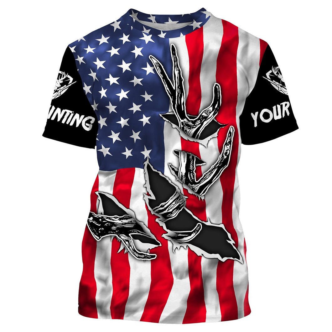 American Flag Deer Hunting Antler 3D Patriotic Custom Name All Over Printed Shirts - Personalized Deer Hunting, Shed Hunting Gift FSD2593