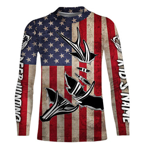 Personalized Deer Hunting American Flag Shirts Customize Name 3D Deer Antler All Over Printed Shirts FSD3398