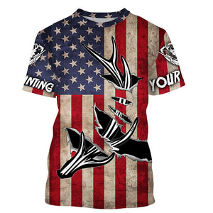 Personalized Deer Hunting American Flag Shirts Customize Name 3D Deer Antler All Over Printed Shirts FSD3398