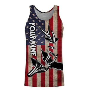 Personalized Deer Hunting American Flag Shirts Customize Name 3D Deer Antler All Over Printed Shirts FSD3398