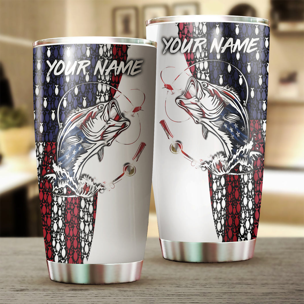 1pc American Flag Bass Fishing Custom Name Stainless Steel Fishing Tumbler Cup - Patriotic Gifts Fishing Gift Idea for Fisherman FSD2214